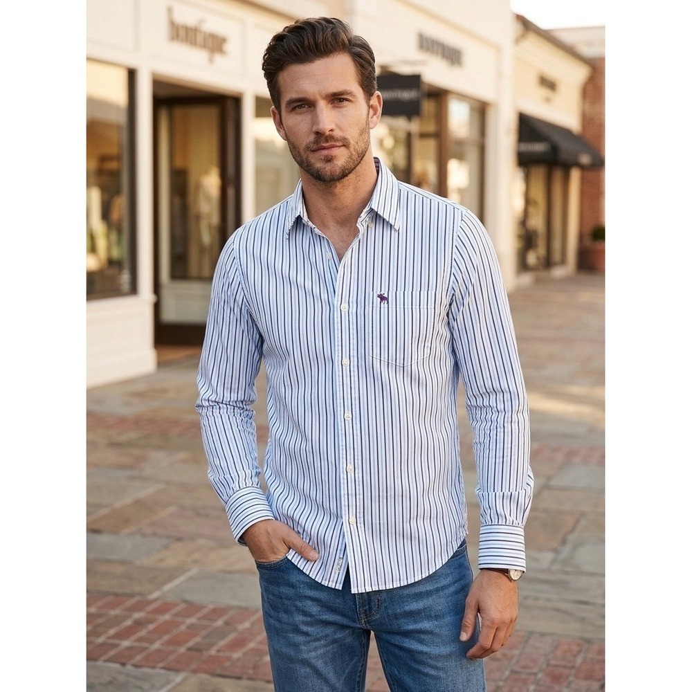 Abercrombie & Fitch XL Blue White Striped Cotton Long Sleeve Button Down Shirt